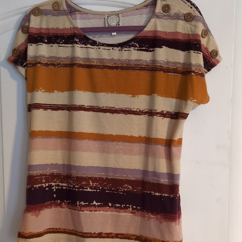 Striped Short Sleeve Top with Button Details